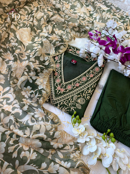 Heavy Chanderi Afghani Suit Set with Embroidery & Floral Print Organza Dupatta – Mahendi & Yellow – Sizes M & L