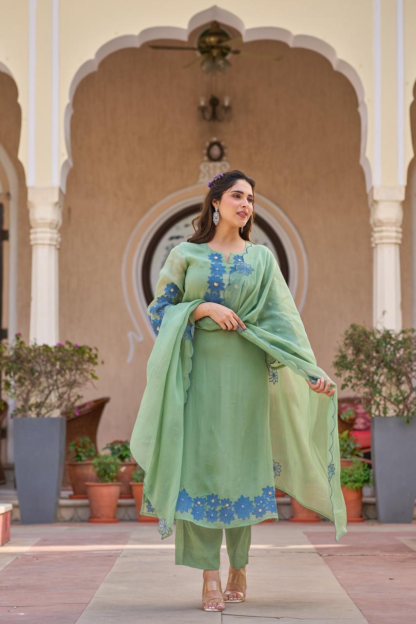 Organza Kurta Pant Dupatta Set for Women with Floral Applique Work and Embroidered Detailing