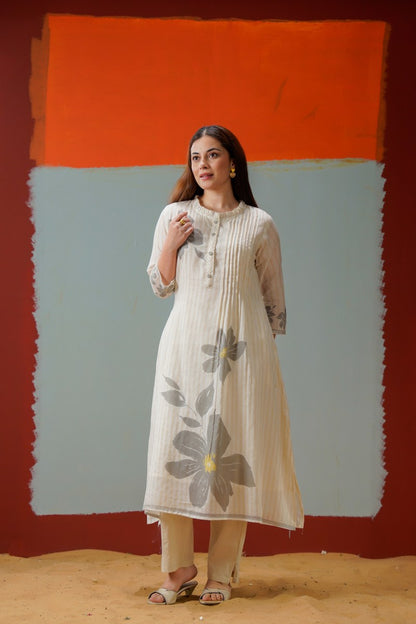 Cotton Kurti Pant Set for Women, Floral Printed Kurta with Pintuck Front, M to XXL