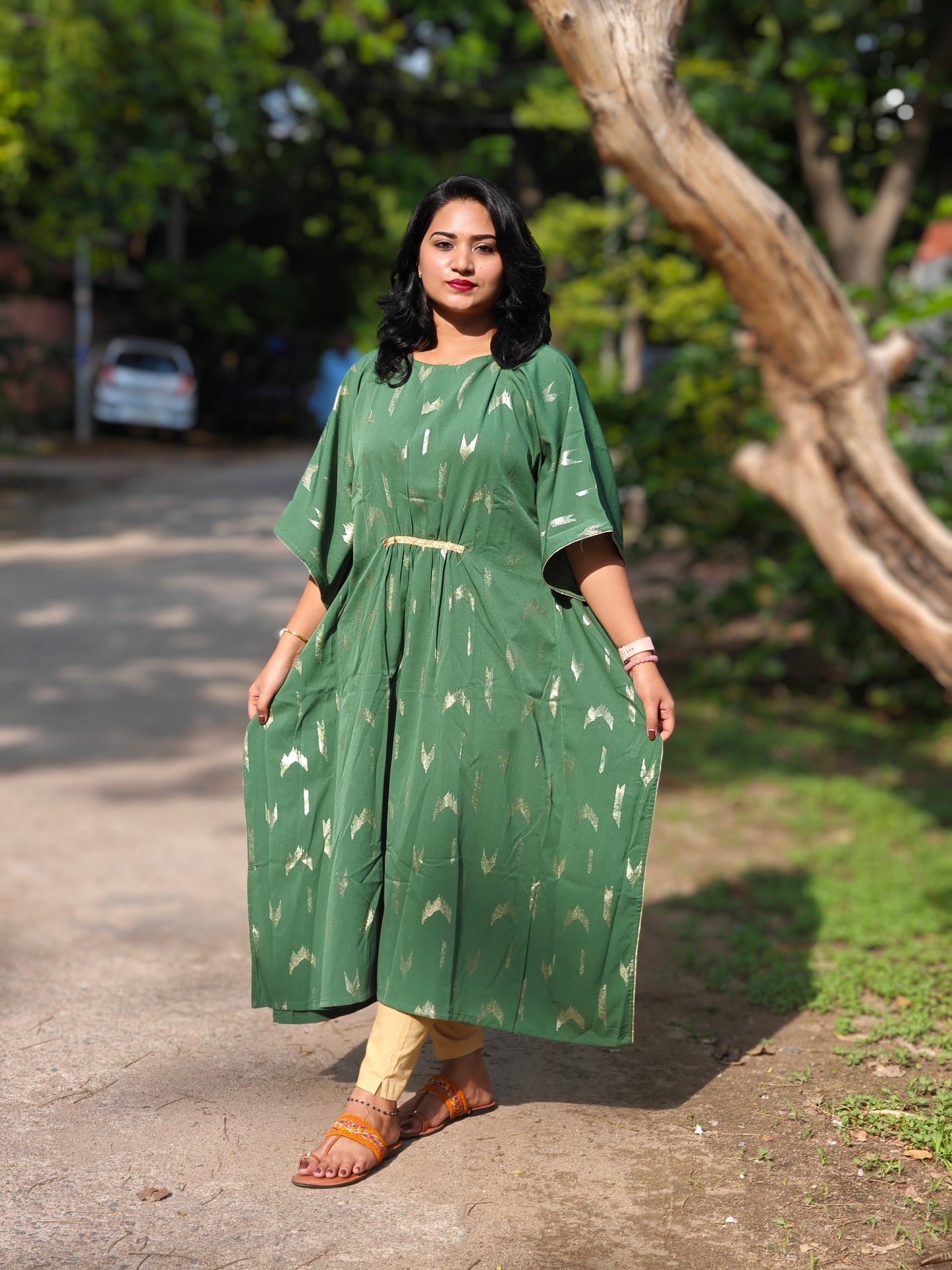 Women’s Green Embellished Kaftan Dress with Waist Tie – Sizes S to L