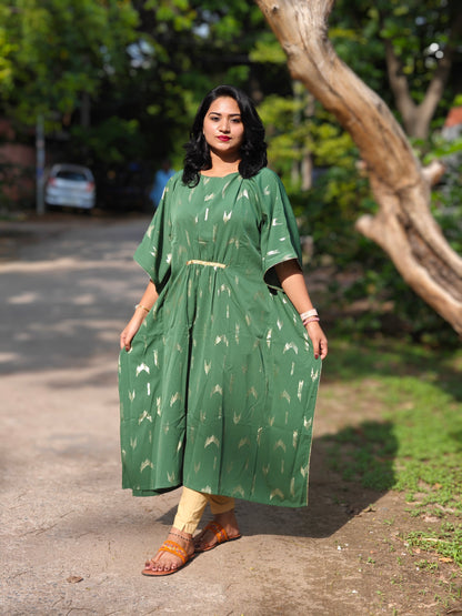 Women’s Green Embellished Kaftan Dress with Waist Tie – Sizes S to L