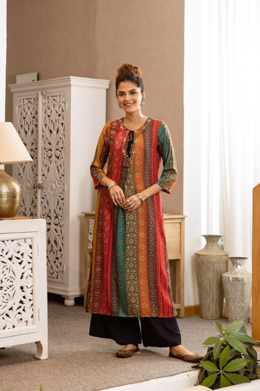 German Rayon Printed Kurta Pant Set for Women with Detailing Work – Sizes 38–46