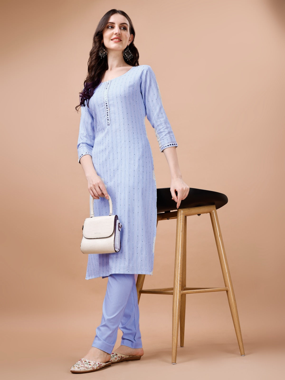 Cotton Blend Sequin Striped Casual Kurti Pant Set for Women – Round Neck, Calf Length