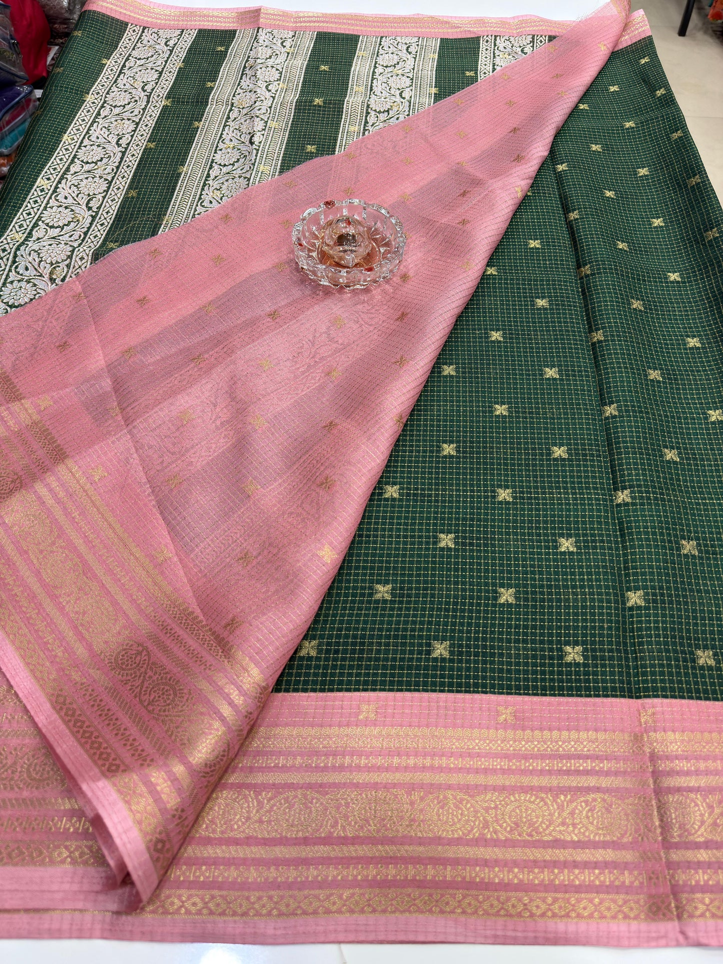 Munga pattu silk blend saree with small buti checks and zari border, women’s festive wear saree