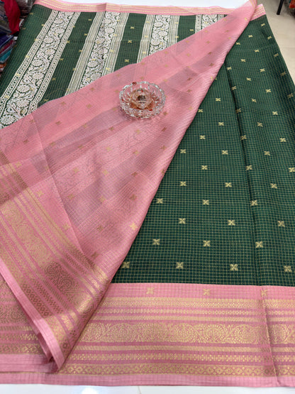 Munga pattu silk blend saree with small buti checks and zari border, women’s festive wear saree