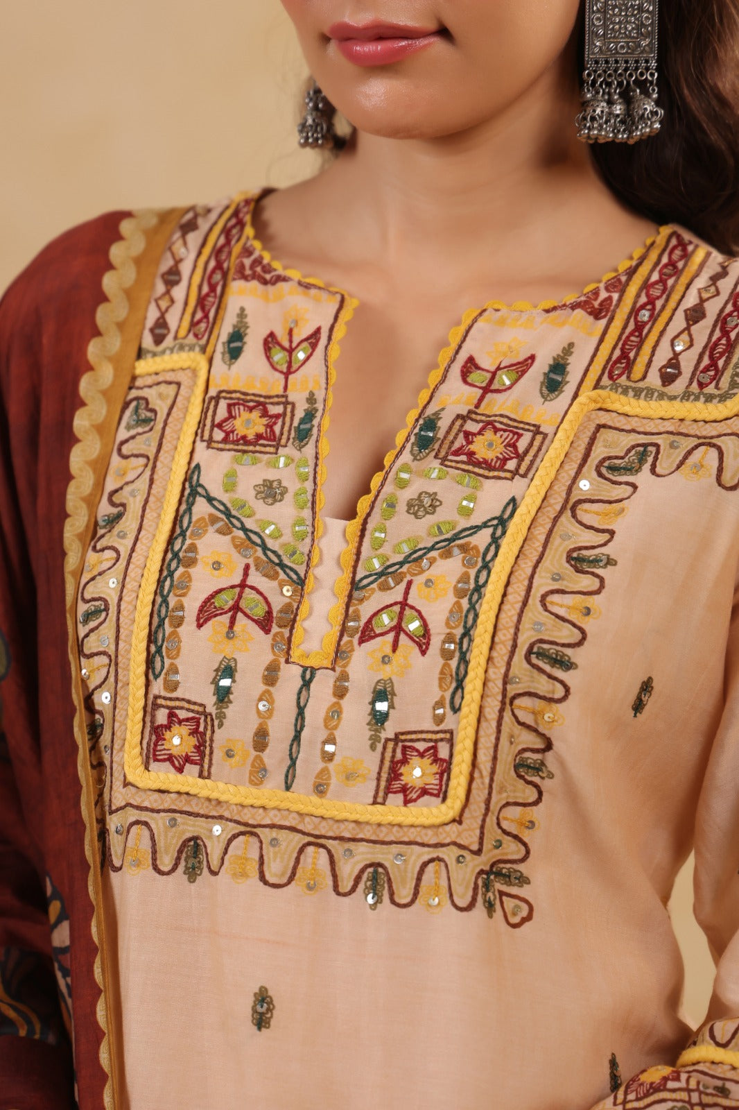 Mul Chanderi Kurti Pant Dupatta Set with Dori and Sequin Handwork for Women