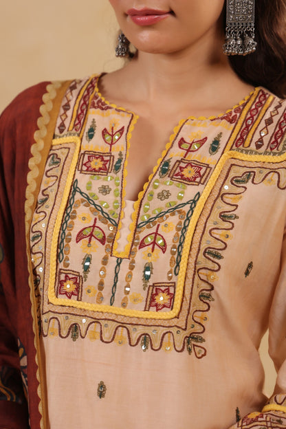 Mul Chanderi Kurti Pant Dupatta Set with Dori and Sequin Handwork for Women