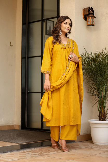 Women’s Mustard Salli Cotton Kurta Set with Embroidery and Dupatta – Sizes 38 to 46
