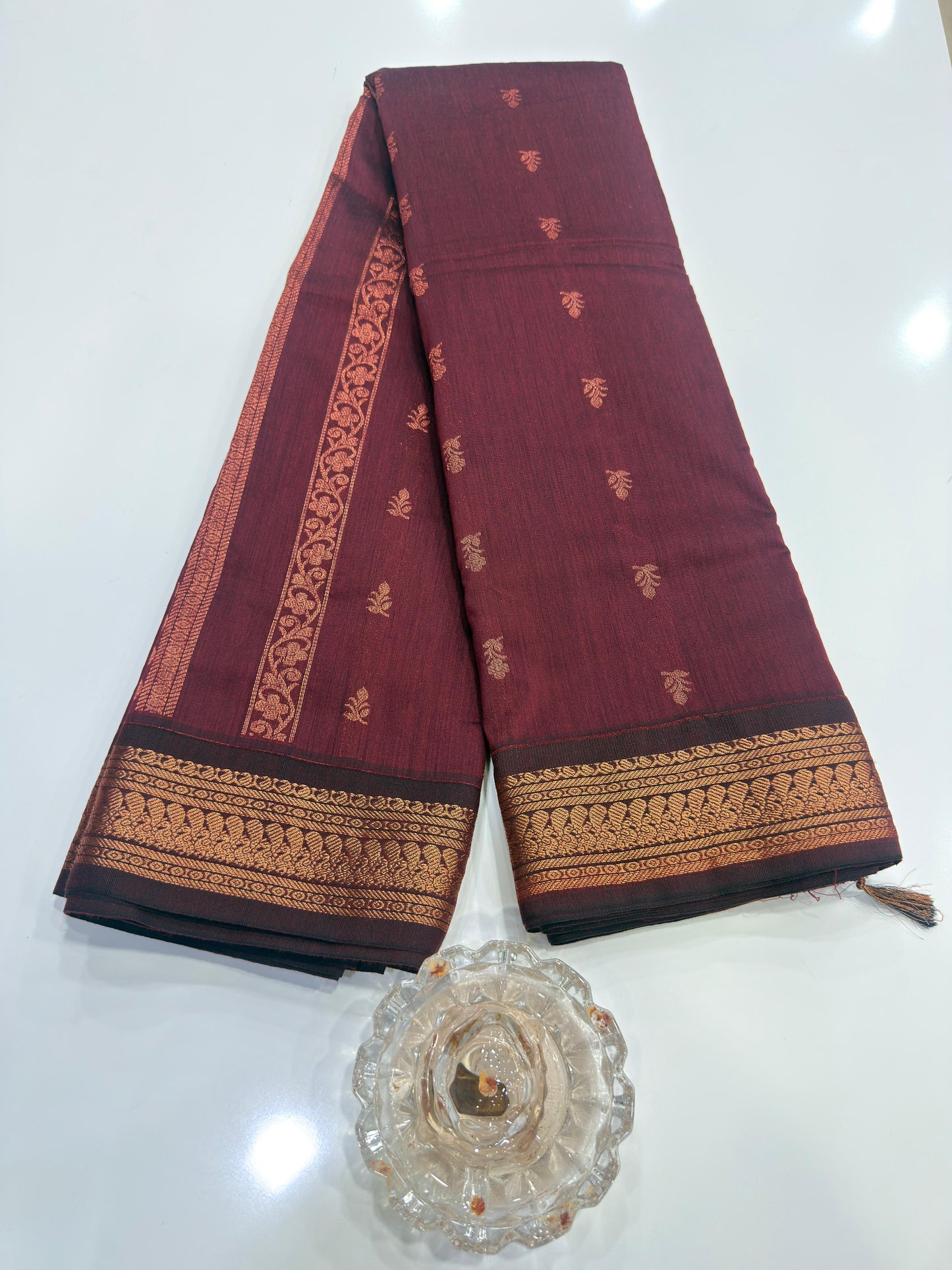 Kalyani Cotton Saree for Women with Zari Woven Border, Traditional Stripe Pallu and Tassel Detailing