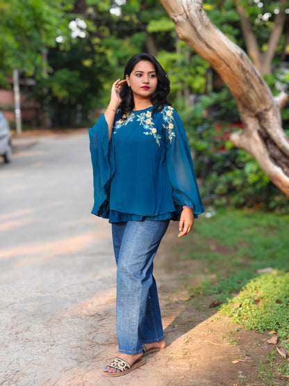 Teal Blue Georgette Embellished A-Line Top for Women – Floral Embroidery, Sizes S to 3XL