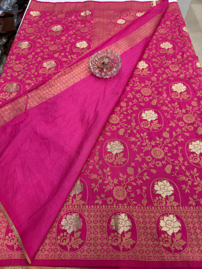 Soft Dola Silk Meenakari Woven Saree with Rich Pallu, Zari Floral Border and Tassels for Women