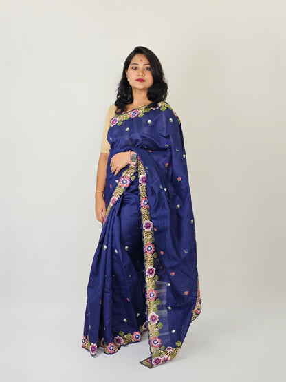 Matka Silk Saree with Embroidered Buttis, Cutwork Big Pallu, and All-Over Cutwork Panel