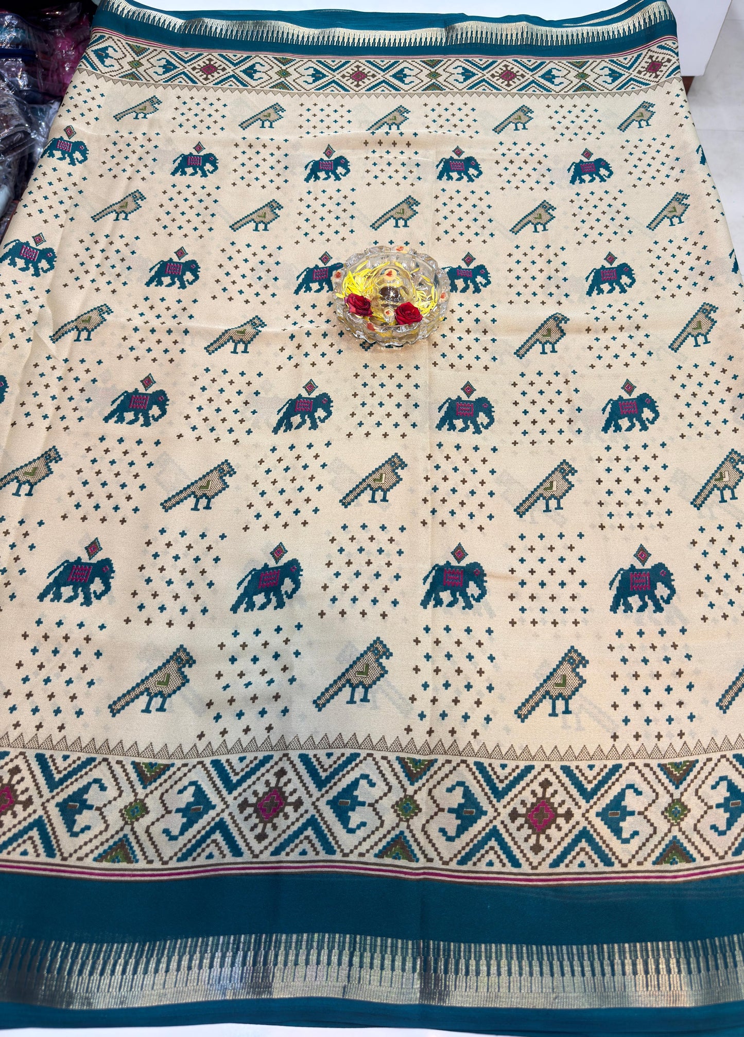 Tribal Printed Silk Blend Saree for Women with Ethnic Border and Traditional Folk Design
