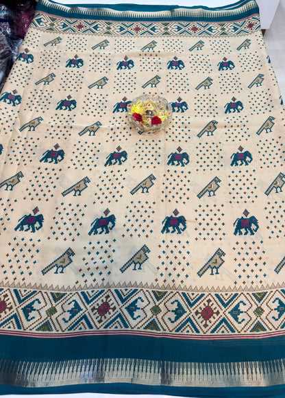 Tribal Printed Silk Blend Saree for Women with Ethnic Border and Traditional Folk Design