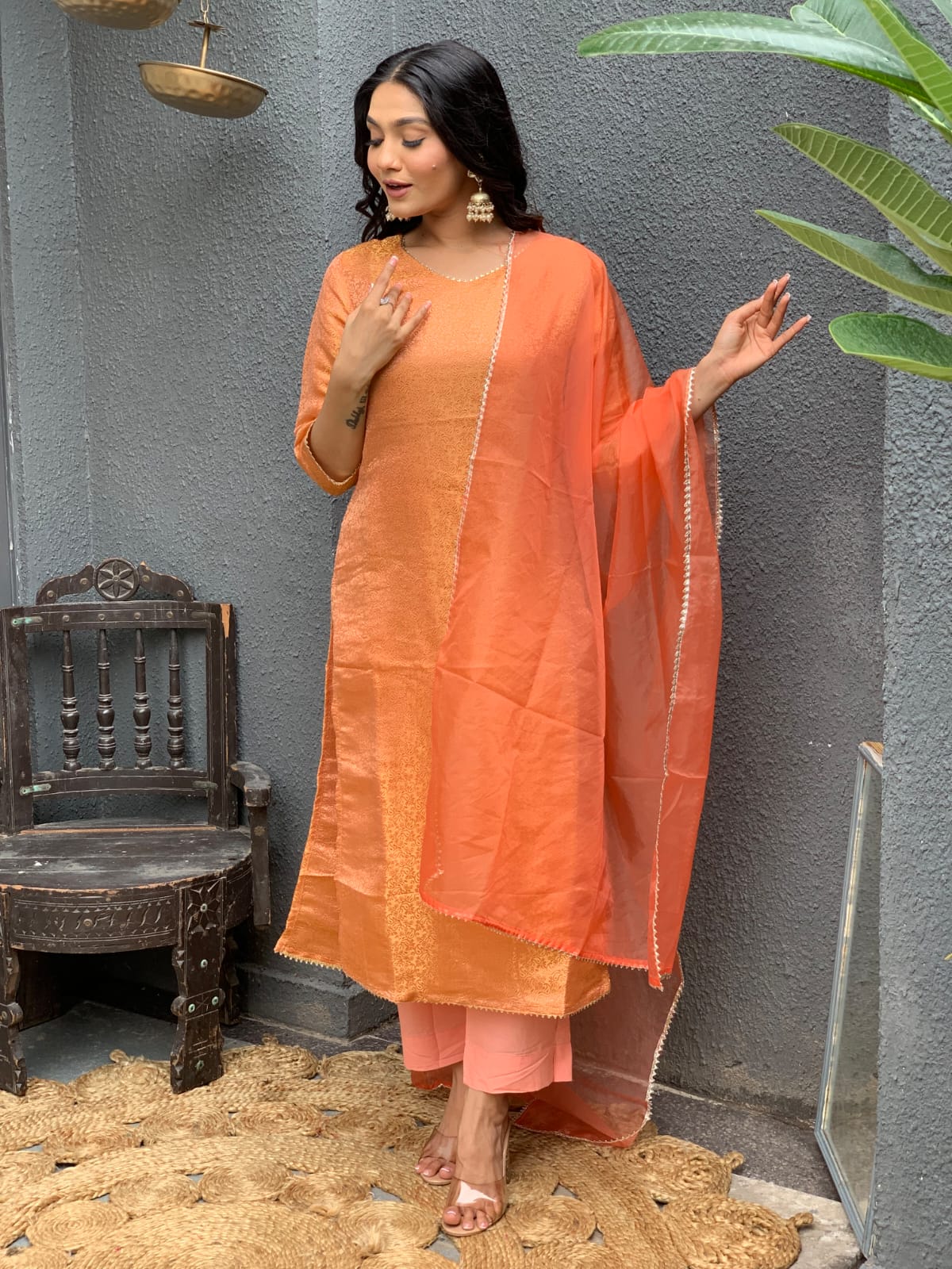 Brocade Banarasi Straight Kurta Pant Set with Organza Dupatta for Women