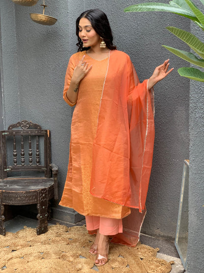 Brocade Banarasi Straight Kurta Pant Set with Organza Dupatta for Women