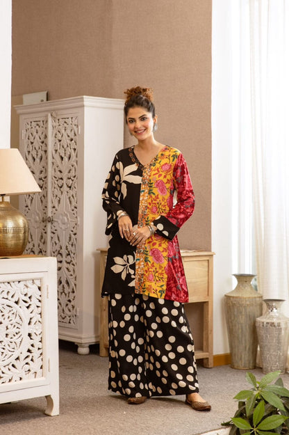 German rayon kurta palazzo set for women with printed detailing work