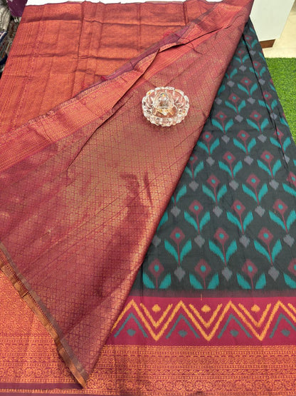 Soft Silk Ikkat Pochampally Saree with Traditional Woven Border and Blouse Piece for Women