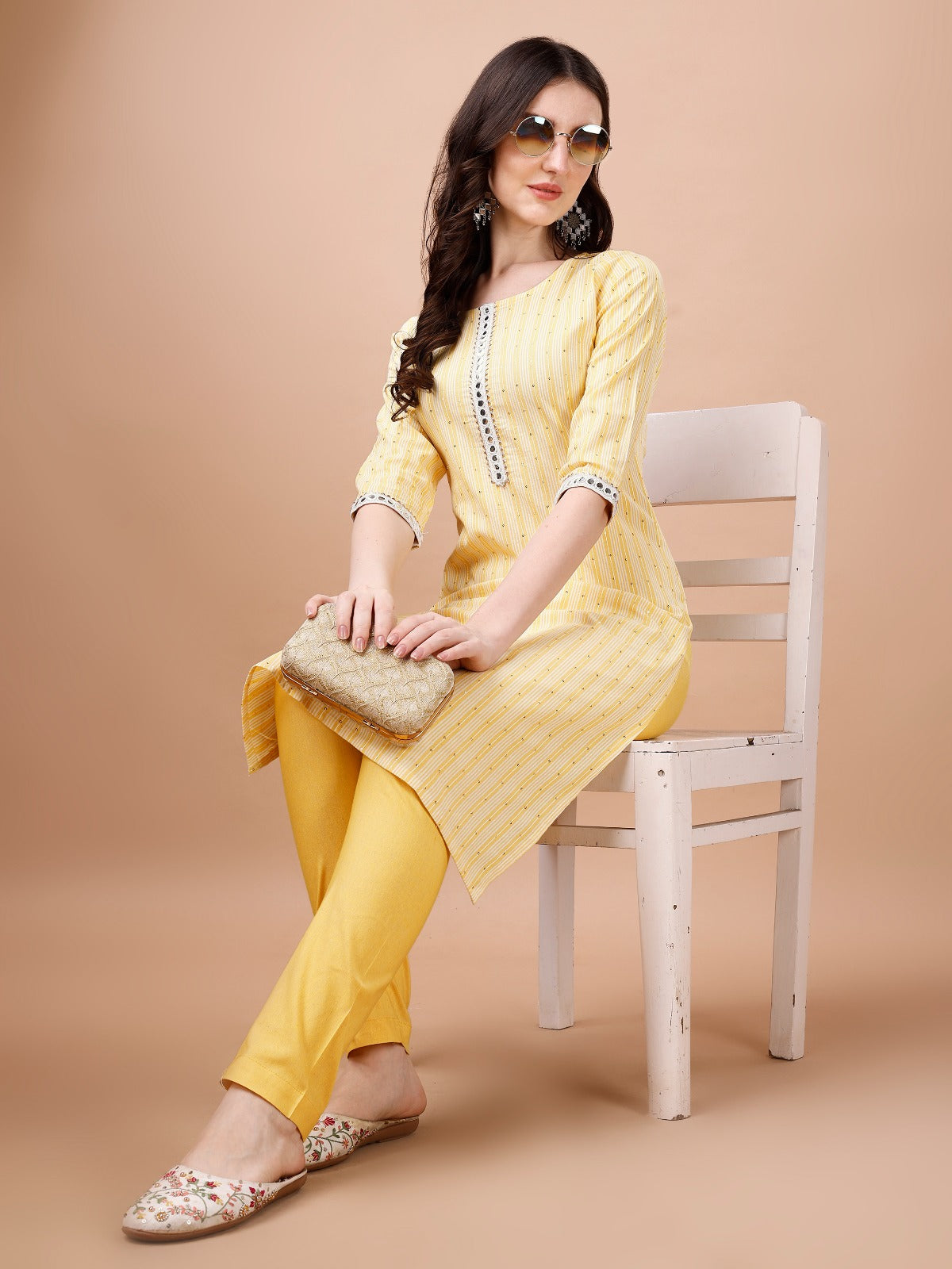 Cotton Blend Sequin Striped Casual Kurti Pant Set for Women – Round Neck, Calf Length