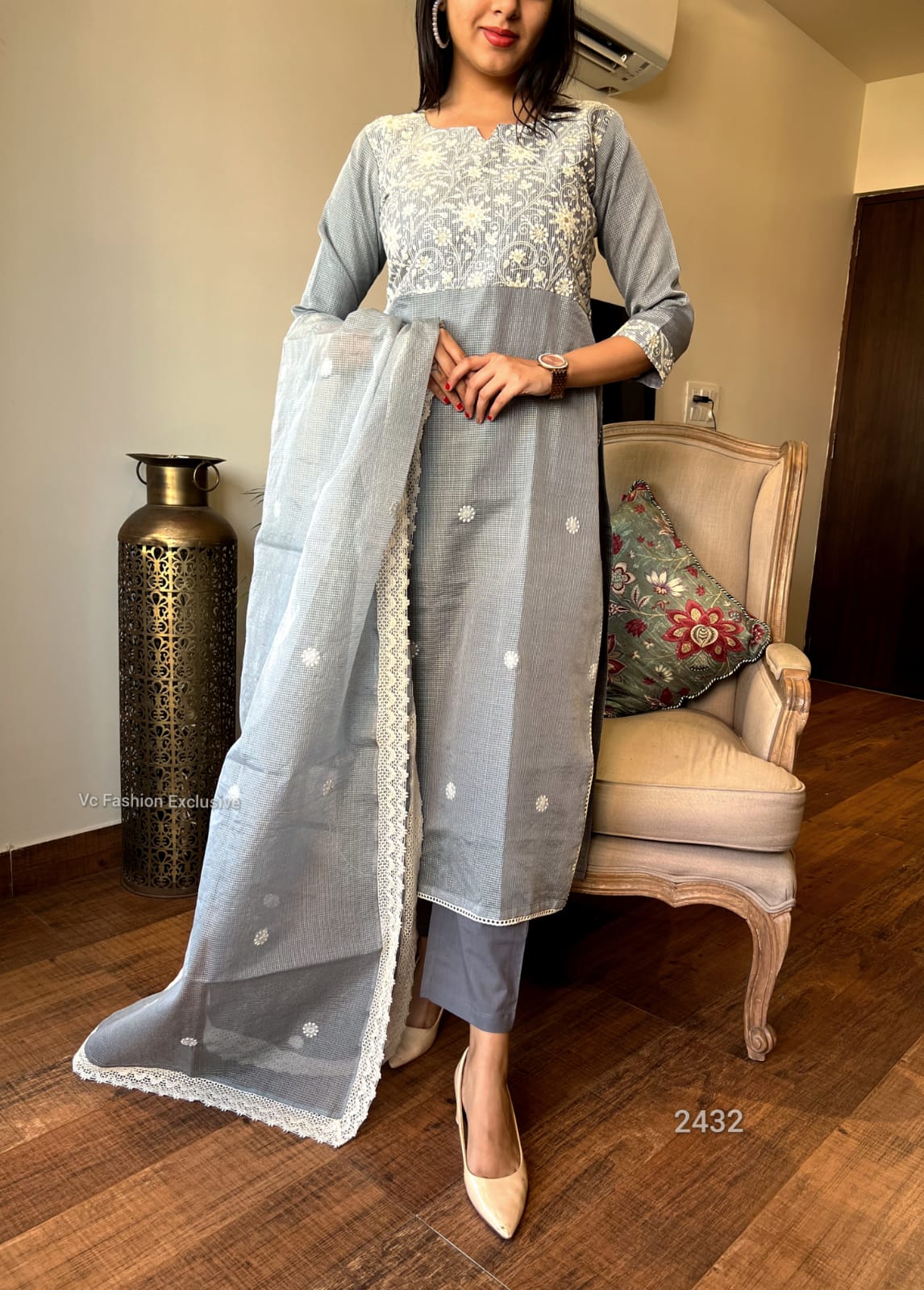 Pure Kota Doria Embroidered Kurta Pant Dupatta Suit Set with Crocia Lace – Women’s Grey, Sizes 38 to 46