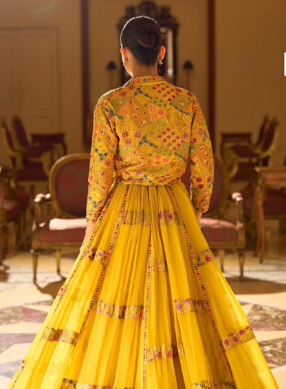 Yellow Georgette Embroidered Lehenga Set for Women with Short Shrug and Blouse – Wedding Wear