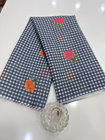 Linen Checks Printed Saree with Rose Floral Design and Matching Blouse for Women