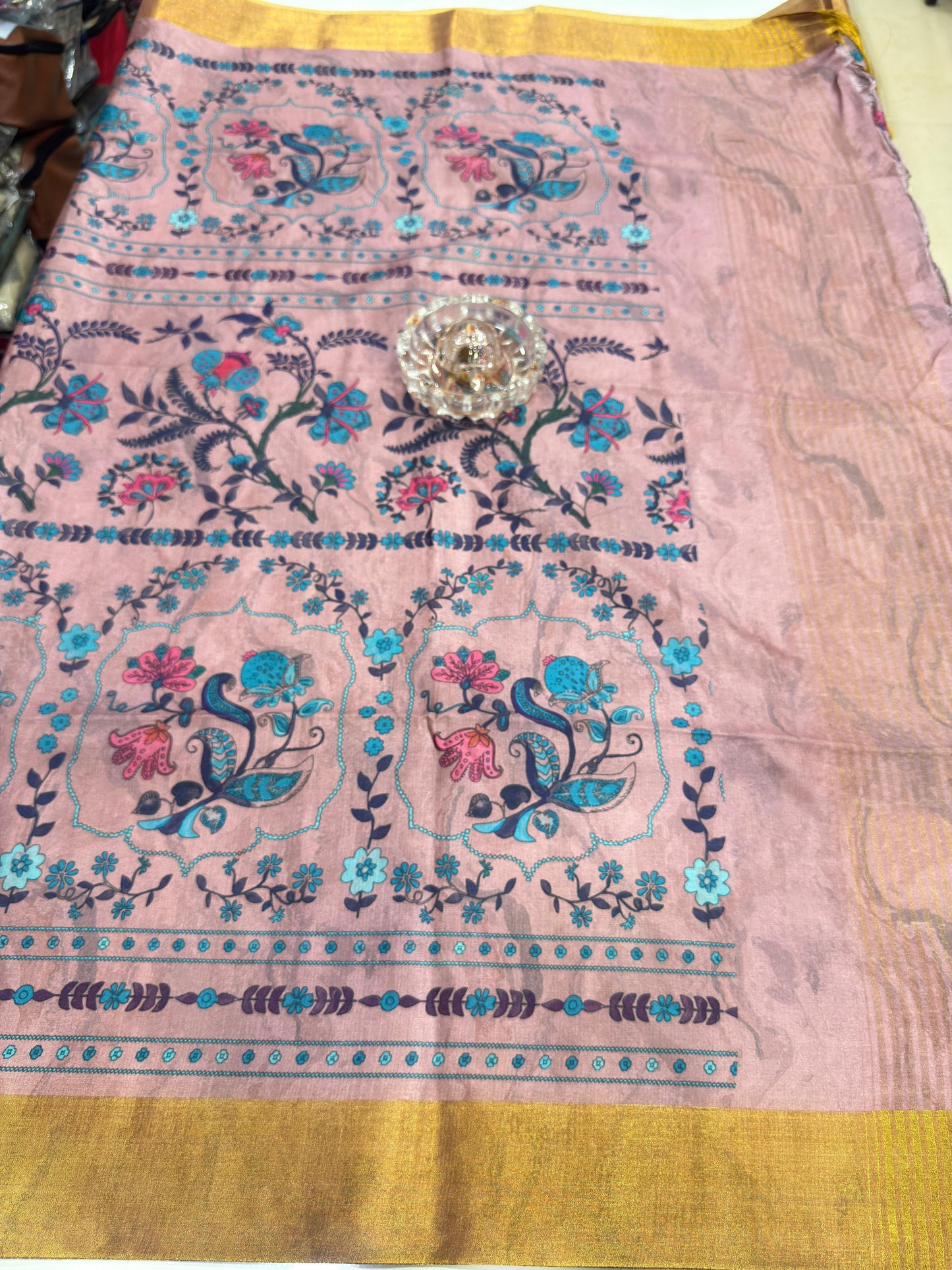 Soft Tussar Silk Printed Saree with Contrast Border, Tassels and Blouse for Women