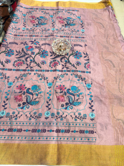 Soft Tussar Silk Printed Saree with Contrast Border, Tassels and Blouse for Women