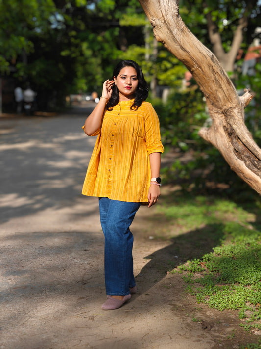 Mustard Cotton Woven Design Tunic for Women – Sizes S to 3XL