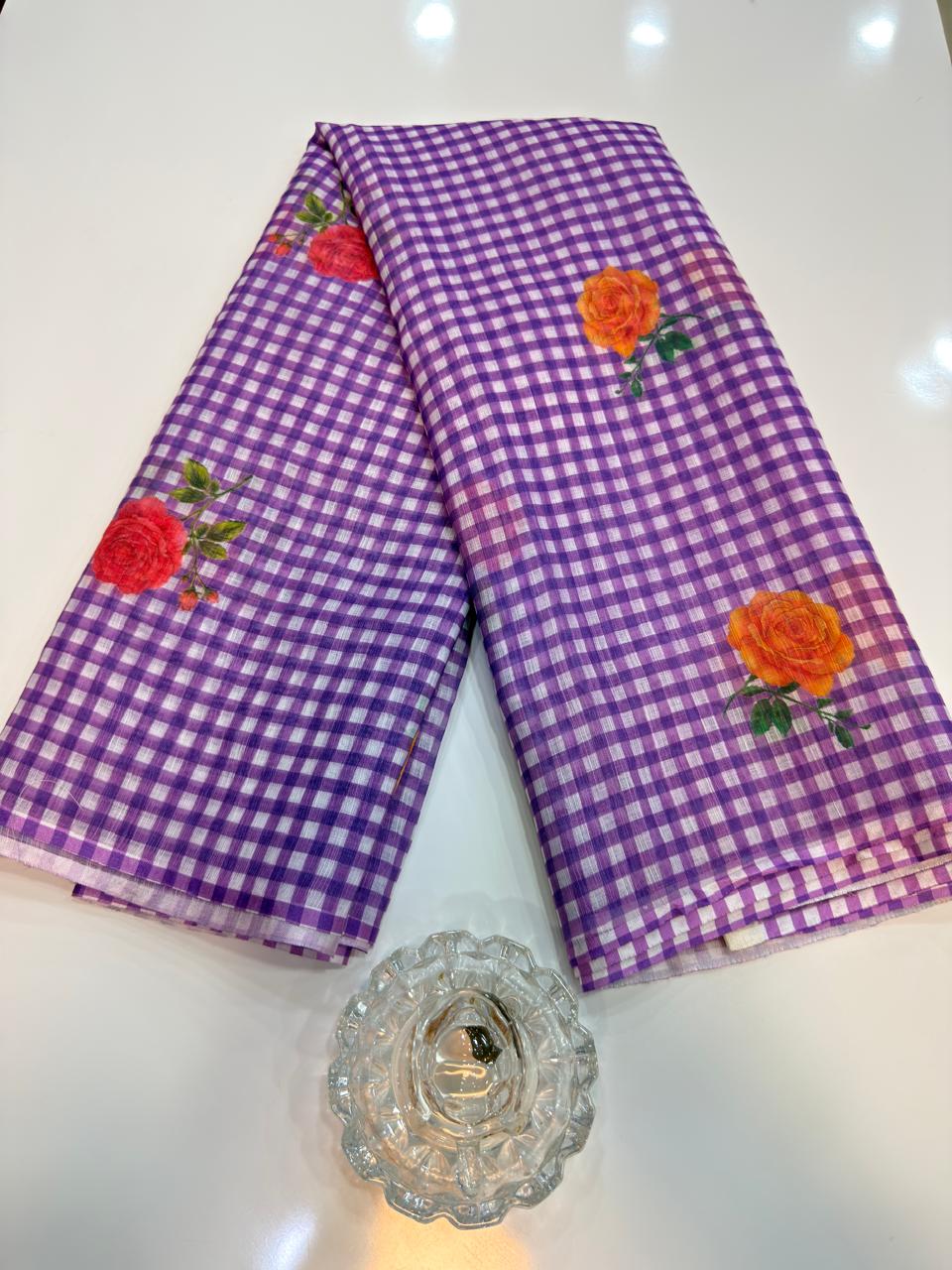 Linen Checks Printed Saree with Rose Floral Design and Matching Blouse for Women