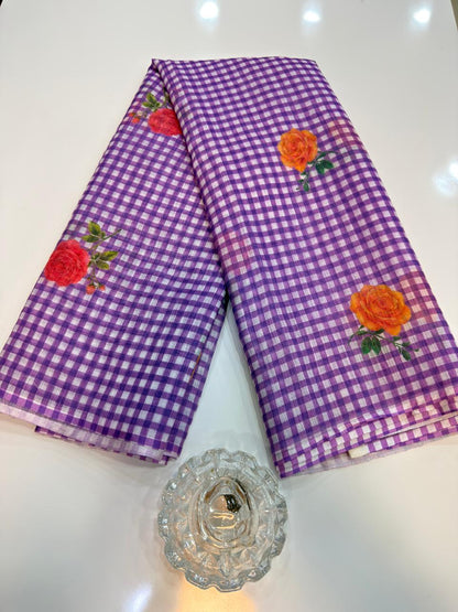 Linen Checks Printed Saree with Rose Floral Design and Matching Blouse for Women