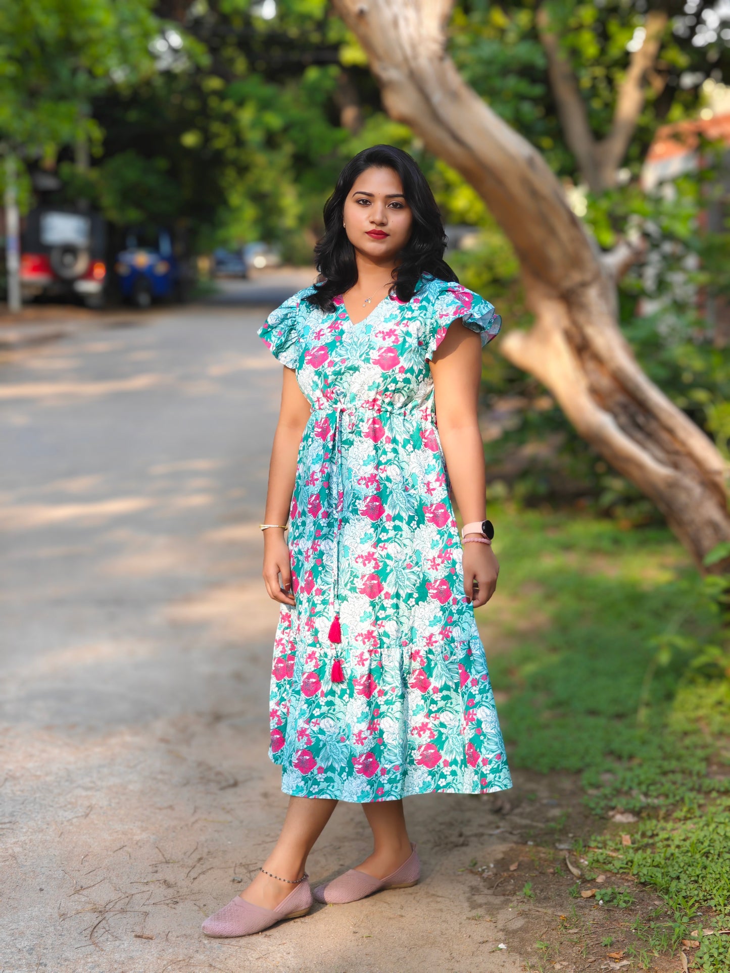 Green Moss Digital Floral Printed A-Line Dress for Women – Sizes M & L