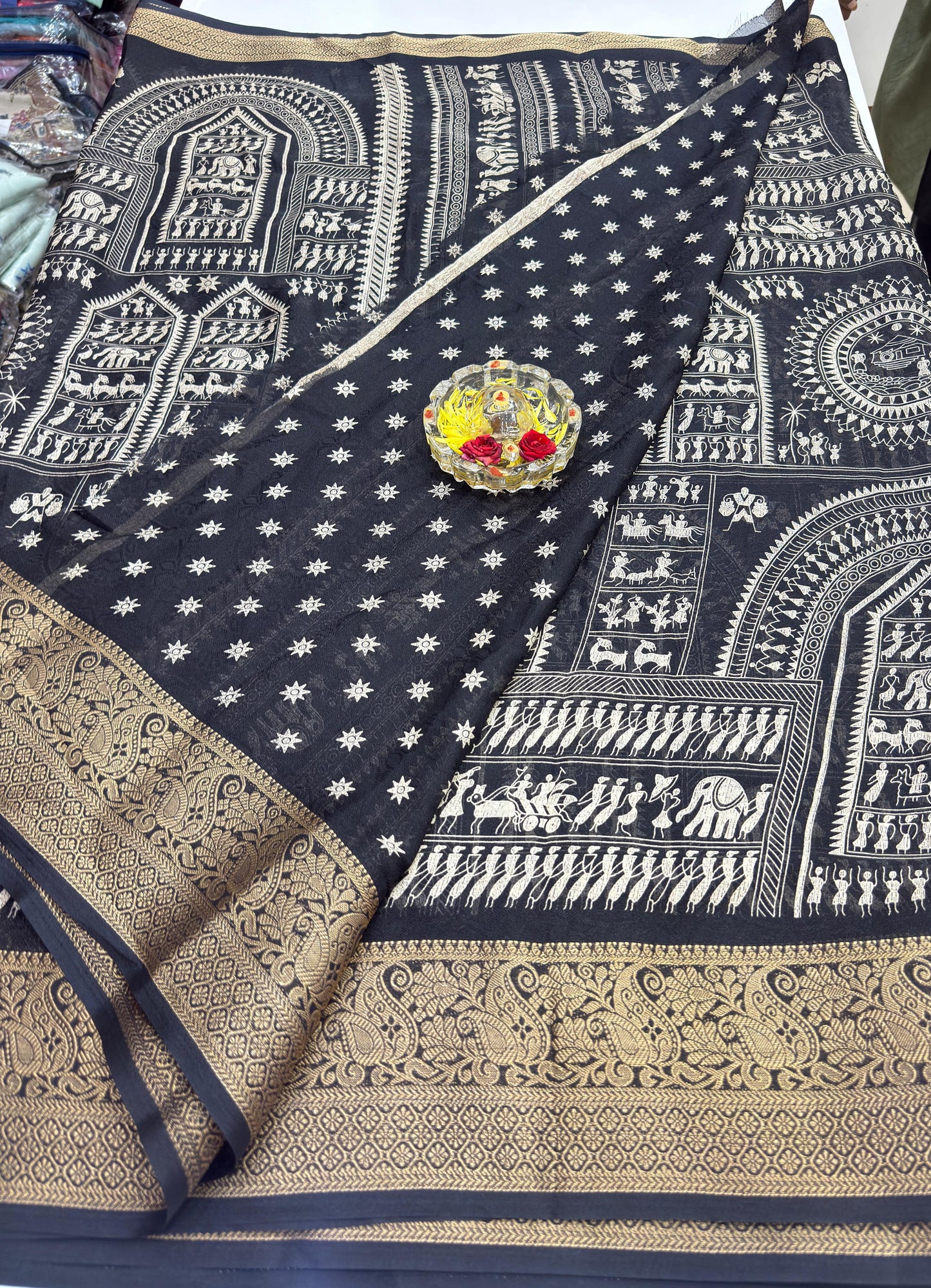 Silk Blend Saree for Women with Temple and Folk Motif Border Traditional Design