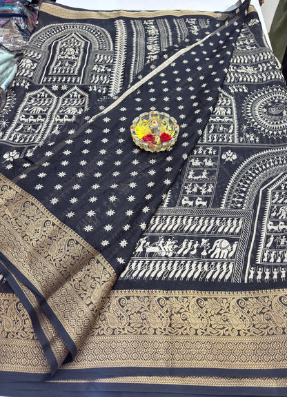 Silk Blend Saree for Women with Temple and Folk Motif Border Traditional Design