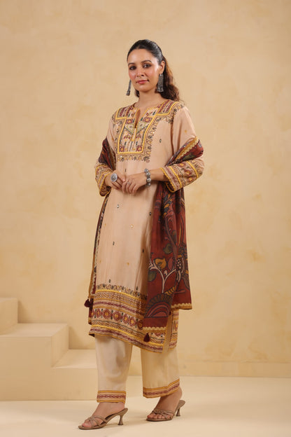 Mul Chanderi Kurti Pant Dupatta Set with Dori and Sequin Handwork for Women