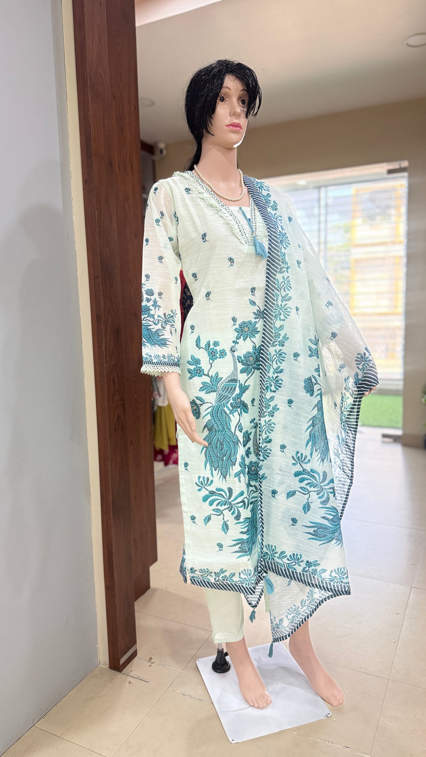 Embroidered linen kurta pant dupatta set for women with floral bird print, tassel neck, sizes 38 to 44