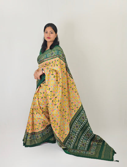 Soft Dola Silk Patola Print Saree with Foil Detailing, Tassel Pallu and Contrast Blouse for Women