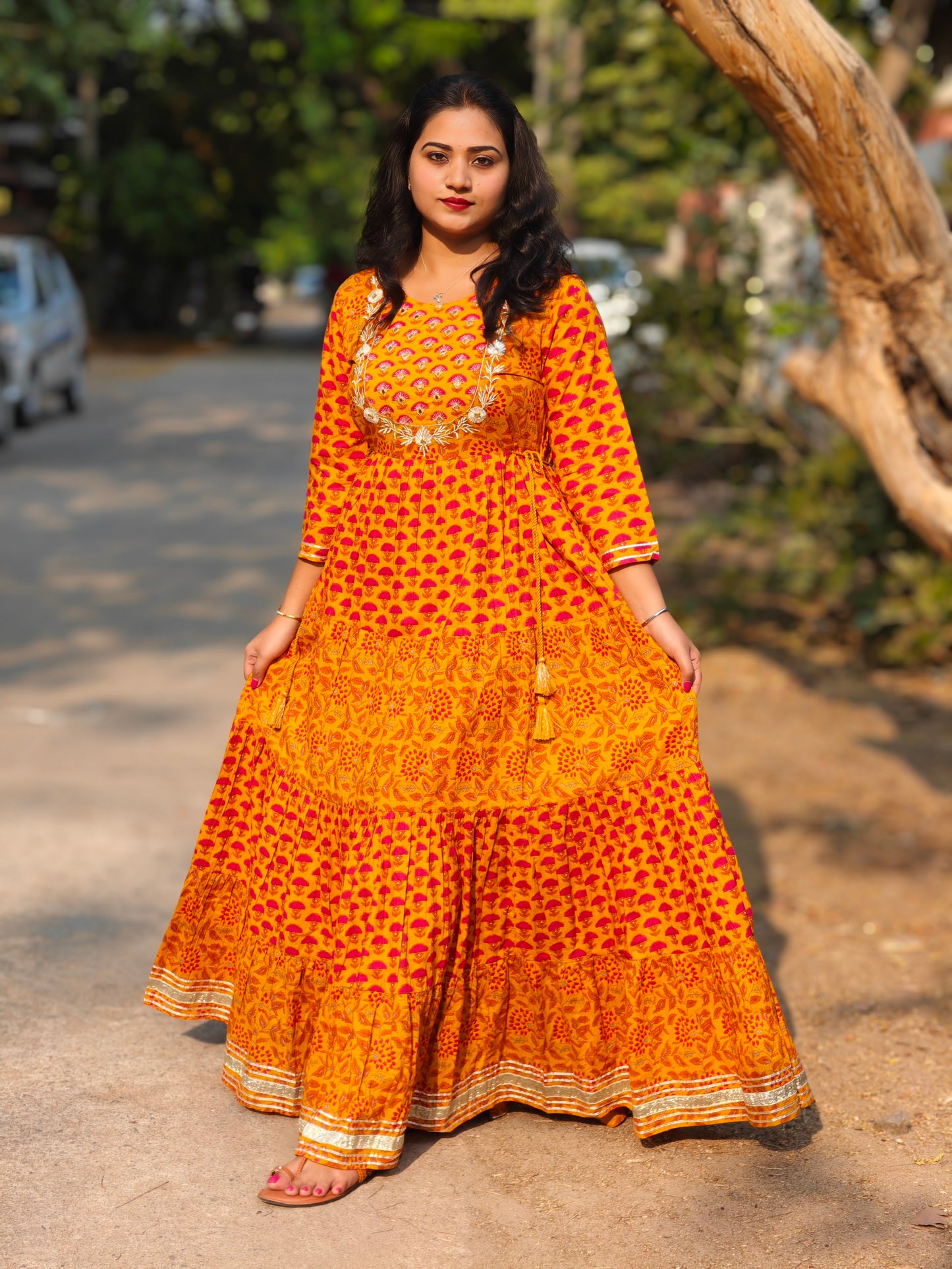 Women’s Cotton Floral Print Flared Maxi Dress with Embroidered Yoke – Sizes M to 2XL