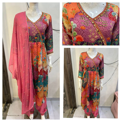 Chinnon Anarkali Kurta with Silk Afghani Pant and Chiffon Nazneen Dupatta – Women’s Sizes 36 to 44