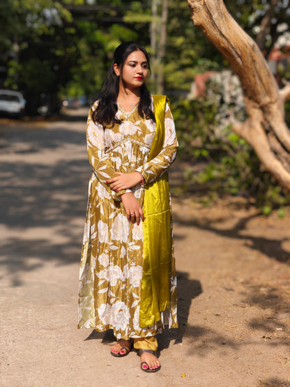 Olive Green Chinnon Alia Cut Suit Set with Printed Kurta, Pant and Dupatta – Women’s Festive Wear