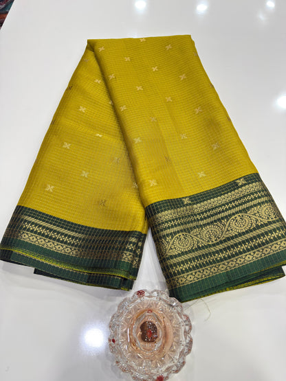 Munga pattu silk blend saree with small buti checks and zari border, women’s festive wear saree
