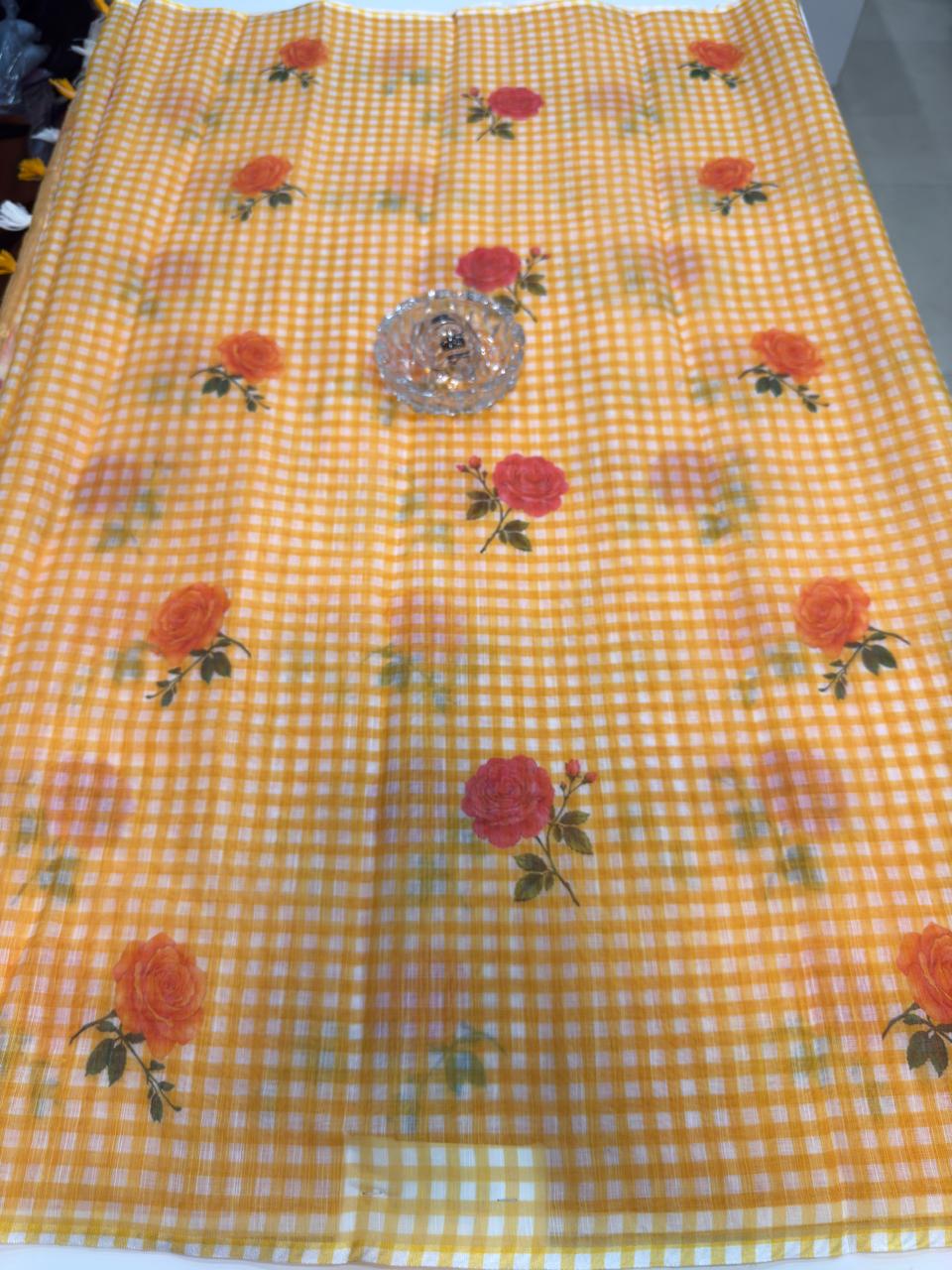 Linen Checks Printed Saree with Rose Floral Design and Matching Blouse for Women