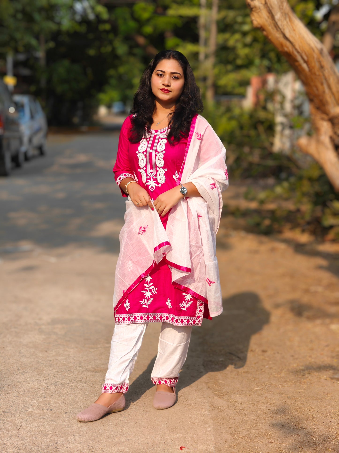 Designer kurti pant dupatta set for women in 14 kg rayon with cotton embroidery and chanderi silk dupatta