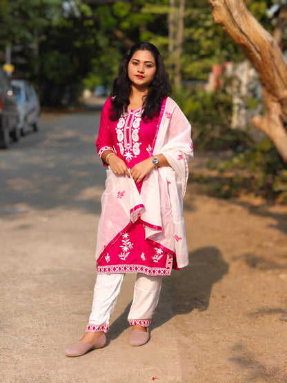 Designer kurti pant dupatta set for women in 14 kg rayon with cotton embroidery and chanderi silk dupatta