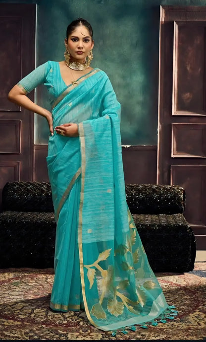 Munga Silk Handloom-Style Saree with Botanical Vine Weave
