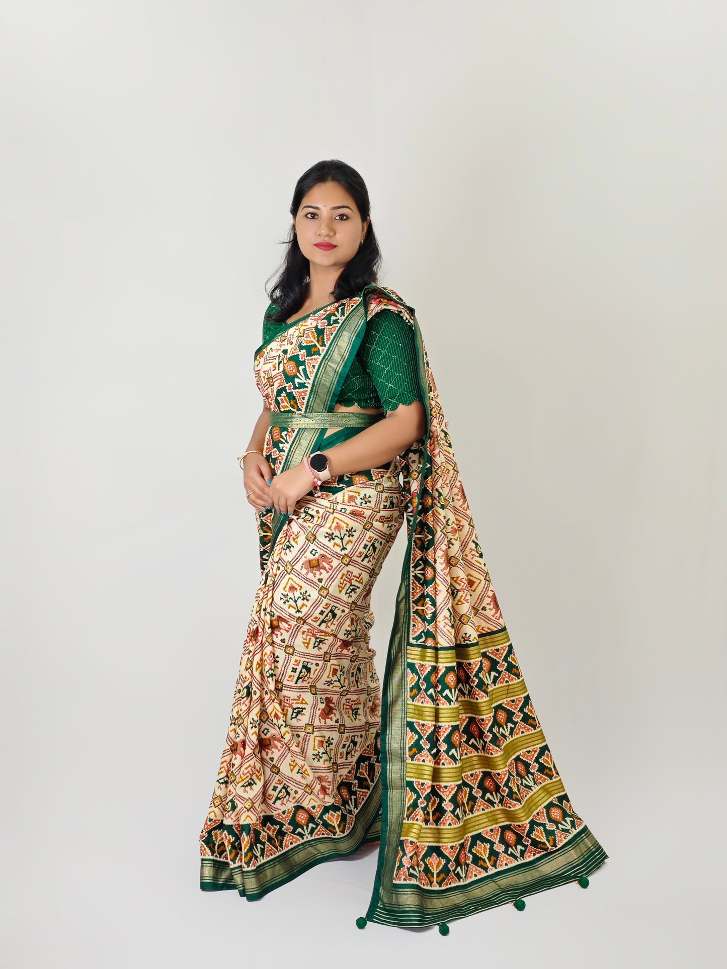 Patola Sigma Silk Saree with Aqwa Finish and Gold Print Waist Belt for Women