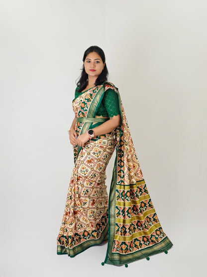Patola Sigma Silk Saree with Aqwa Finish and Gold Print Waist Belt for Women