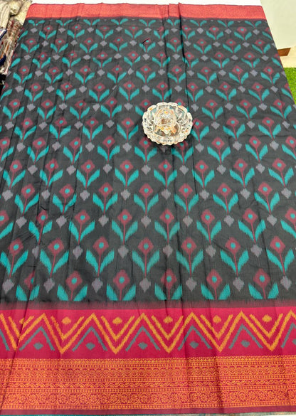 Soft Silk Ikkat Pochampally Saree with Traditional Woven Border and Blouse Piece for Women