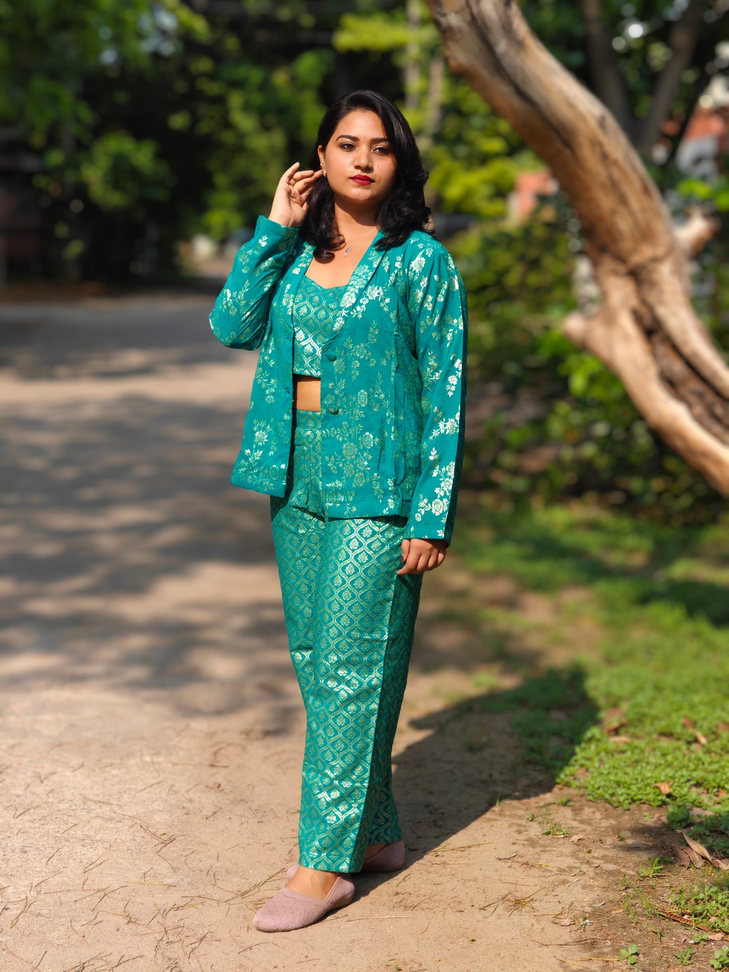 Rama green brocade co-ord set for women with woven design and crop top – festive ethnic fusion wear