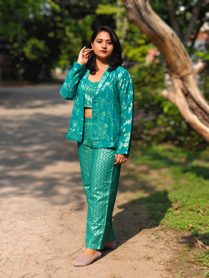 Rama green brocade co-ord set for women with woven design and crop top – festive ethnic fusion wear